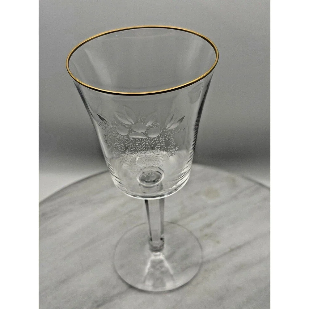 Vintage Lenox Fontaine Wine Glass Gold Rim Etched Crystal USA 1976-1986 6.75